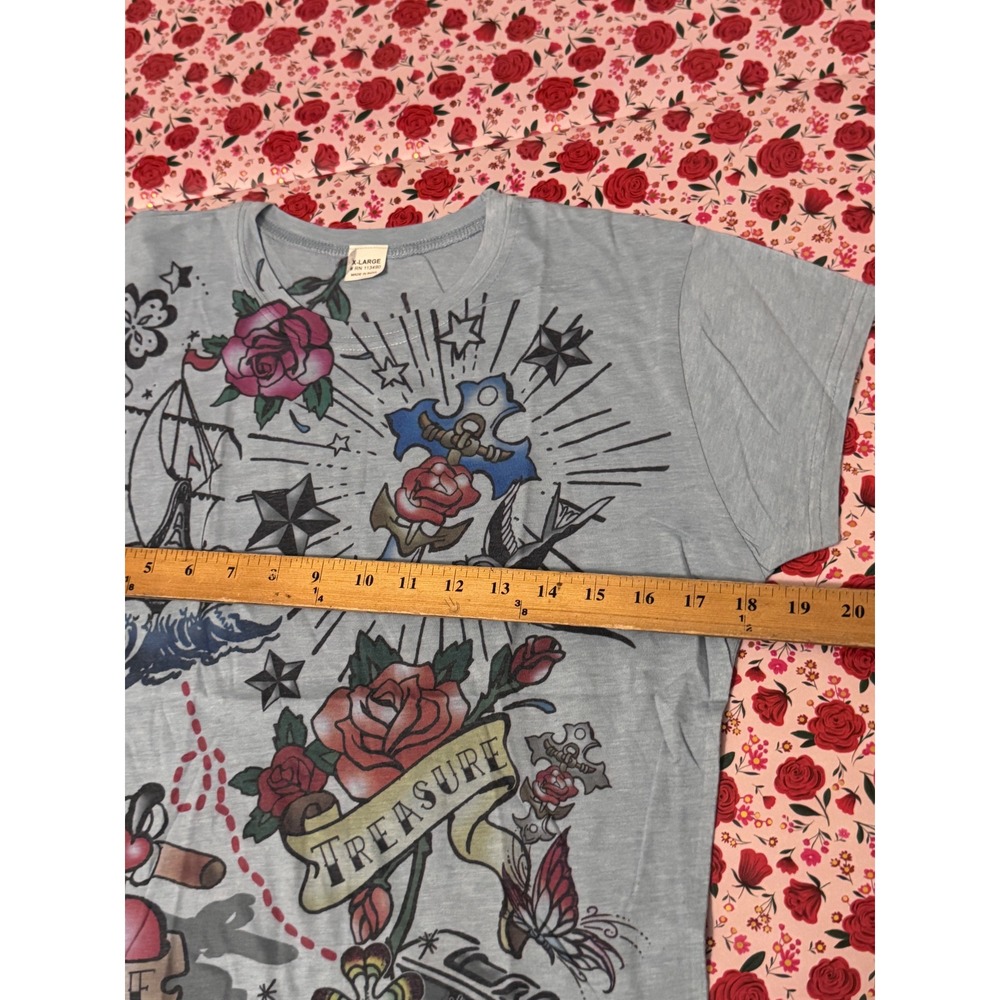 Vintage Style y2k Tattoo Graphic Print T-Shirt Light Blue Roses Stars XL RN
V2 - Picture 6 of 6